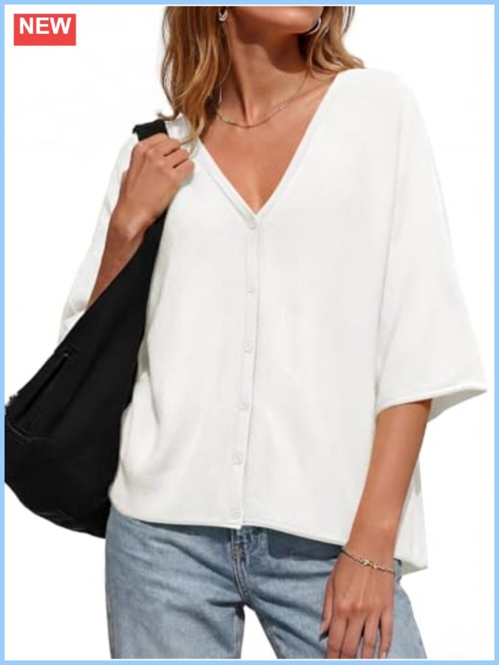 Womens V Neck Half Sleeve Cardigan Sweater Lightweight Knit Button Down